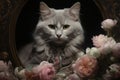 A beautiful grey cat looking in the mirror decorated with peonies and roses flowers