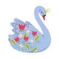 Beautiful Grey Swan Princess with Golden Crown, Lovely Fairytale Bird Decorated with Flowers Vector Illustration