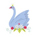 Beautiful Grey Swan Princess with Golden Crown, Lovely Fairytale Bird with Flowers Vector Illustration