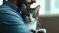 A beautiful tabby cat in the arms of a man. The owner holds and hugs the pet, they are filled with love and tenderness. Kitten in Royalty Free Stock Photo