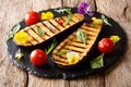 Beautiful grilled eggplant served with tomato, herbs and edible