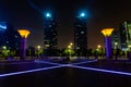 Dreamy night view of zhengzhou east station square and green space twin towers