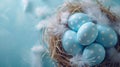 Beautiful group of dotted eggs lying in nest decorated whitef eathers on porcelain plate. Calm decoration with blue color