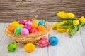 Beautiful group Easter eggs in the spring of easter day, red eggs, blue, purple and yellow in Wooden basket on the table