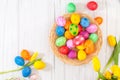 Beautiful group Easter eggs in the spring of easter day, red eggs, blue, purple and yellow in Wooden basket with tulips on the