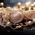 Beautiful group of shiny pearls on soft background with sparkles and light beams with copy space.