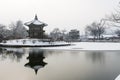 Beautiful gyeongbok palace in soul, south korea - under snow, winter