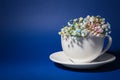 Beautiful gypsophila flowers in white cup on blue background. Space for text