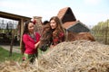 beautiful gypsy girls in bright clothes with a horse on a farm Royalty Free Stock Photo