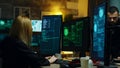 Beautiful hacker girl working with another dangerous cyber criminals