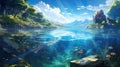 a beautiful half water anime illustration, peaceful tropical scenery