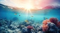 a beautiful half water half sky sunshine wallpaper with corals in the ocean Royalty Free Stock Photo