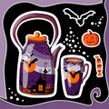 Beautiful Halloween card with teapot, cup, bat, pumpkin, candy