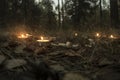 Beautiful halloween composition with runes and candles on the grass in dark autumn forest. Ritual Royalty Free Stock Photo