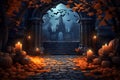 Beautiful Halloween horizontal composition, holiday background with a castle, bats, pumpkins and candles. Darkness backrdop in Royalty Free Stock Photo