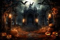 Beautiful Halloween horizontal composition, holiday background with a castle, pumpkins and candles. Darkness backrdop in orange Royalty Free Stock Photo