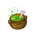 Beautiful Halloween illustration with mystic witch\'s cauldron with green toxic potion and bones .