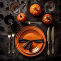 Halloween party table setting flat lay in black Generative AI