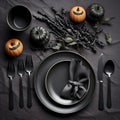 Halloween party table setting flat lay in black Generative AI