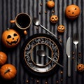 Halloween party table setting flat lay in black Generative AI