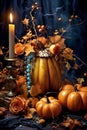 Beautiful Halloween vertical still life, background with pumpkins, rose flowers and candle. Backrdop in blue and orange tones.