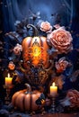 Beautiful Halloween vertical still life, background with pumpkins, roses and candles, backrdop in blue and orange colors.