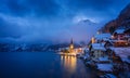 Beautiful Hallstatt lakeside town during blue hour, Winter season, Austria