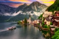 Beautiful Hallstatt village in Alps at sunset, Austria Royalty Free Stock Photo