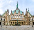 Beautiful Hamburg town hall with Hygieia fountain from courtyard, Germany