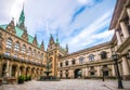 Beautiful Hamburg town hall with Hygieia fountain from courtyard