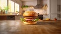 Beautiful hamburger against the background of the kitchen, delicious American