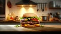 Beautiful hamburger against the background of the kitchen, delicious food