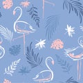 Beautiful hand drawing tropical motif flamingo bird,leave
