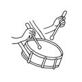 Beautiful hand-drawn black vector illustration of Two hands with drumsticks and one toy drum isolated on a white Royalty Free Stock Photo