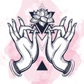 Beautiful hand-drawn Buddha hands with Lotus flower and sacred geometry. vector illustration. Tattoo, yoga, spirituality. Royalty Free Stock Photo