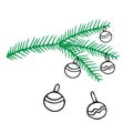 Beautiful hand-drawn colored vector illustration of a group of toy Christmas balls with texture and a green fir tree