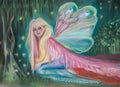 Beautiful hand drawn fairy in forest with fireflies