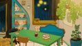 Beautiful hand drawn kitchen interior with table and cake for tea party. Design of room for cartoons or video game. Cozy Royalty Free Stock Photo