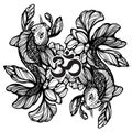 Beautiful hand-drawn oriental illustration of Koi carp fish with Lotus flower around. High-detailed graphic linework symbol.