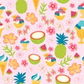 Beautiful hand drawn pattern with ice cream, coconuts, pineapples. Seamless vector floral pattern, summer background.