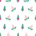 Beautiful hand drawn pink flowers and aqua purple leaves. Seamless vector pattern on subtle citrus striped white