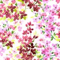 Seamless pattern of watercolor small pink and burgundy flowers and twigs with buds isolated on a white background