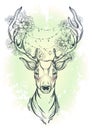 Beautiful hand-drawn tribal style deer. Vector deer head decorated with peony flowers and diamond beads. Watercolor background.