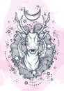 Beautiful hand-drawn tribal style deer on watercolor background. Vector deer head decorated with floral elements, moon and stars. Royalty Free Stock Photo