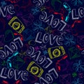 Cool love lineart typography design with hearts, diamonds and cameras seamless pattern vector