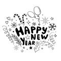 Beautiful hand drawn vector Christmas and New Year composition. Lettering Happy New Year, stars, snowflakes, balloons, salute,