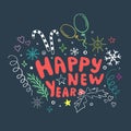 Beautiful hand drawn vector Christmas and New Year composition. Lettering Happy New Year, stars, snowflakes, balloons, salute,