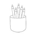 Beautiful hand-drawn vector illustration of a group of pencils in a cup isolated on a white background for coloring book Royalty Free Stock Photo