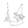 Beautiful hand-drawn vector illustration of the old sorcerer is making the experience with a beaker on a white
