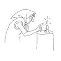 Beautiful hand-drawn vector illustration of old witch is guessing with a candle on a white background for coloring book